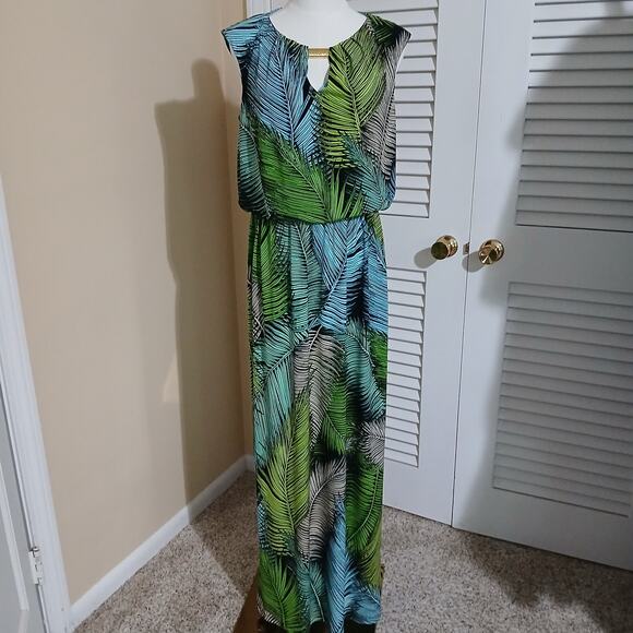 London Style Collection Med Sleeveless Slit Green/Blue Tropical print Maxi Dress - Picture 3 of 14